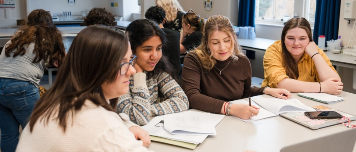 A group of students sitting around a desk looking at a laptop and making notes