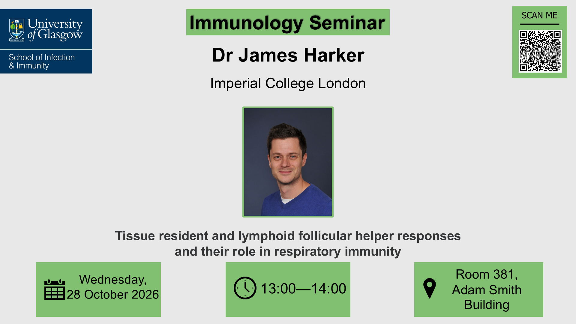 Flyer for Immunology seminar, Dr James Harker, of which the date, time, location and title are included in the accompanying text