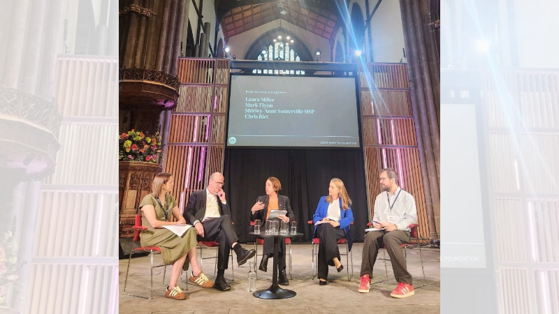 Photo of Kez hosting JRF report launch panel discussion, L-R Laura Miller, Councillor Mark Flynn, Kezia Dugdale, Shirley-Ann Somerville MSP, Chris Birt,