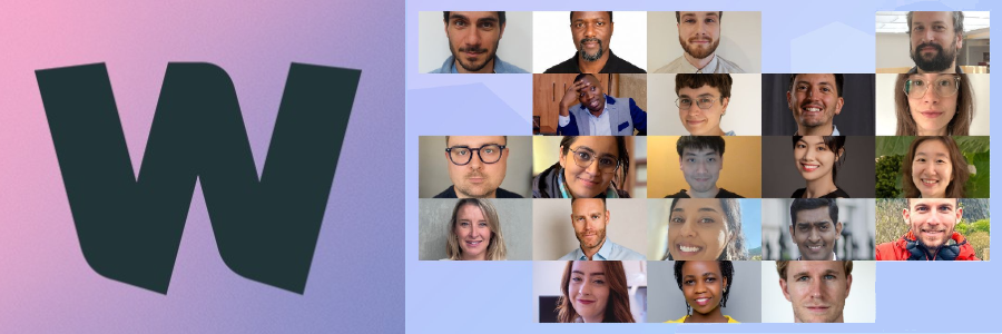 A large Wellcome Trust ‘W’ logo on a pink and purple gradient background, alongside a collage of headshots featuring 21 researchers announced as recipients of Wellcome Early-Career Awards, including Dr Sarah K Walsh of the MRC-University of Glasgow Centre for Virus Research (CVR) in the bottom-left section of the collage.