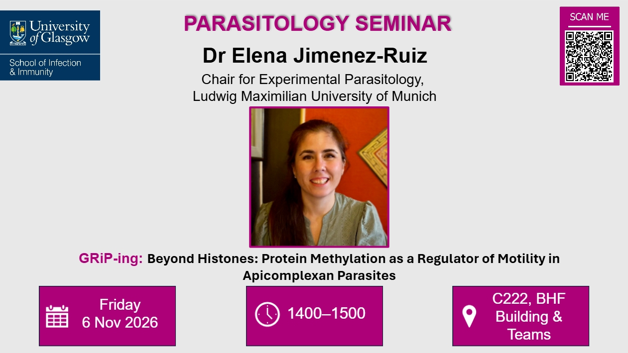 GRiPing Parasitology Seminar, Dr Elena Jimenez-Ruiz, of which the date, time, and location are included in the accompanying text.