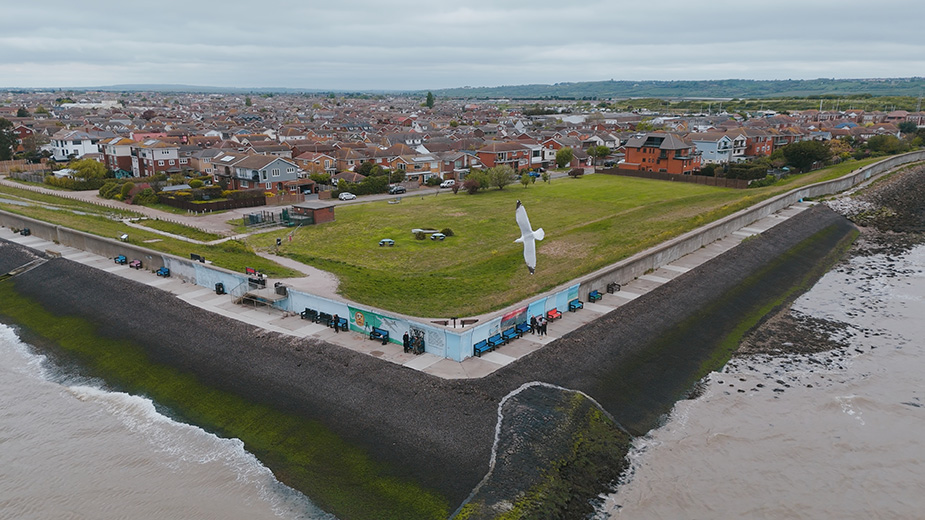 An aerial view of the coastal defence infrastructure at Canvey Island.