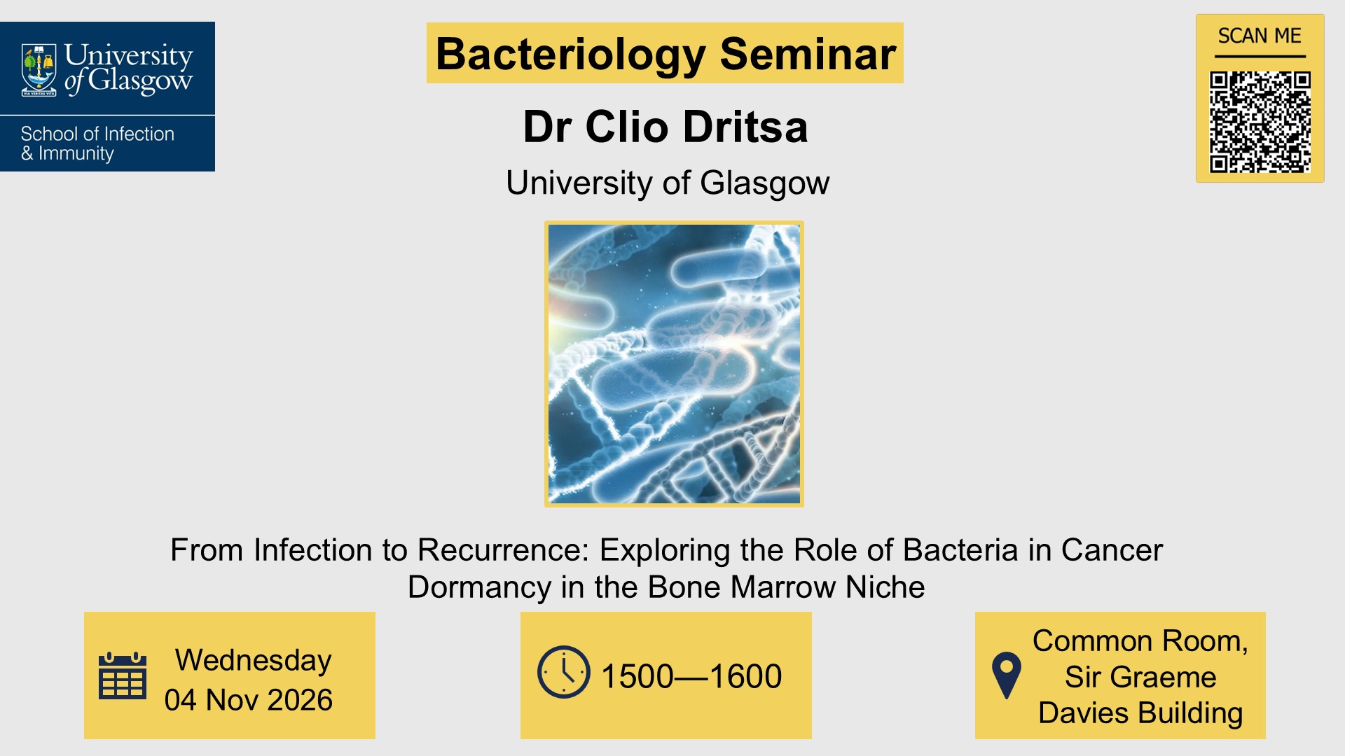 Bacteriology seminar, Dr Clio Dritsa, of which the date, time, location and title are included in the accompanying text
