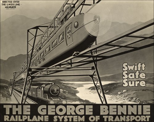Photographic print showing proposed (idealised) Bennie railplane system of transport - intended as advertisement material, c1930.  (GUAS Ref: DC 85/3/4.  Copyright reserved.)