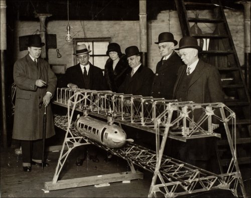 Photographic print showing model of Bennie railplane system of transport, c1930. (GUAS Ref: DC 85/3/9. Copyright reserved.) 