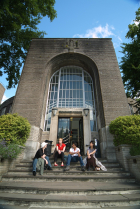 A group of students outside the Reading Room