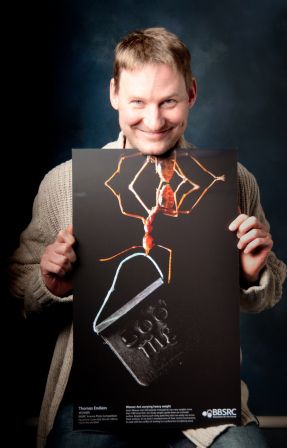 Thomas Endlein proudly displays his prize winning photograph of an asian weaver ant carrying 100 times its own body weight while hanging upside down