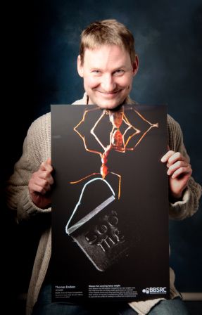 Thomas Endlein proudly displays his prize winning photograph of an asian weaver ant carrying 100 times its own body weight while hanging upside down