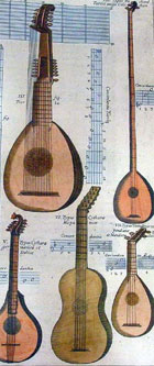 Colour illustration of stringed instruments including a bass lute, from Athanasius Kircher's Musurgia Universalis, printed in Rome, 1650. (Sp Coll Ferguson Af-x.9) Links to book of the month article.