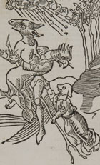 Black and white woodcut engraving of two witches being taken by a demon to a sabbat. All are mounted on a cleft stick and the witches’ heads have taken on animal form. This is the earliest printed picture of witches in flight. Ulrich Molitor, De lamiis et phitonicis mulieribus, Reutilingen, c 1500 (Sp Coll An - y.34) Links to web exhibition.