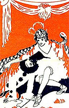 Colour illustration from programme cover, Empire Theatre, Glasgow, 1928, showing dancer and pierrot. (MS Farmer 616) Links to book of the month article.