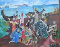 Mural showing Nuragic inhabitants and Phoenician merchants interacting in Iron Age Sardinia (Terralba)