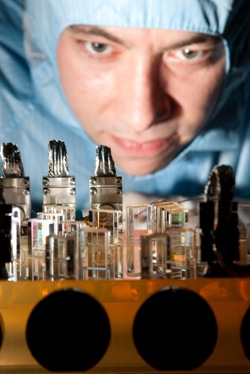 Dr Christian Killow, Scottish Universities Physics Alliance Advanced Fellow, inspects the interferometer.