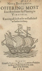 Title page of Nova Britannia, regarding the colony of Virginia, printed 1609. (Sp Coll Hunterian El.3.5) Links to web exhibition.