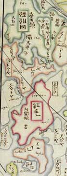 Detail from an 18th century Chinese map of the world (MS Hunter B/E2) Links to manuscript record
