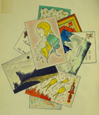 Colour painting by Morgan representing a number of overlapping postcards. The images on them incorporate biographical elements and his scientific interests. (MS Morgan 917/10, page 1953)