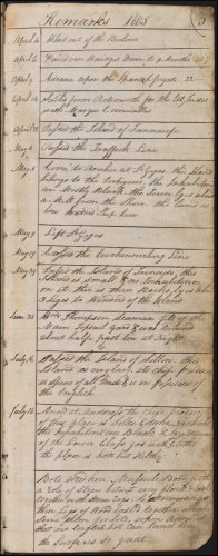The third page from Andrew Service's logbook recording events on board HMS Medusa. This page, dated 1805, covers the period from 4th April to 18th July of 1805, and reports HMS Medusa sailing to the East Indies with Marquis Cornwallis on board. (GUAS Ref: UGC 182. Copyright reserved.) 
