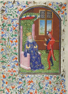 Folio 156v, set before Psalm 52, showing the figures of a king and a fool. From a 15th century Book of Hours (MS Gen 288). Links to more information about this item.