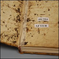 This photograph shows the textblock attached to the cover of the logbook after conservation treatment.  (GUAS Ref: UGC 182. Copyright reserved.) 