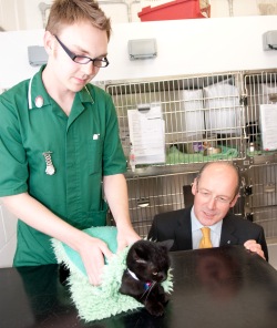 Vet nurse Steven Murphy holds Molly the Cat as she meets John Swinney at the Small Animal Hospital.