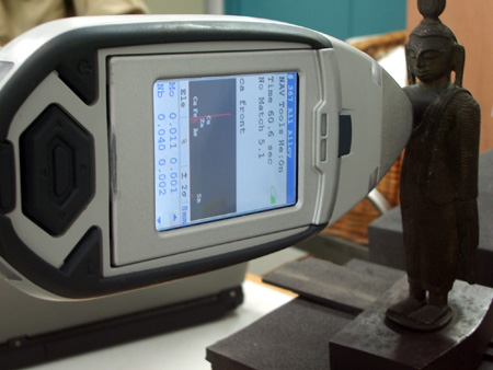 XRF analysis in progress on a bronze Buddha in Glasgow Museum Resource Centre