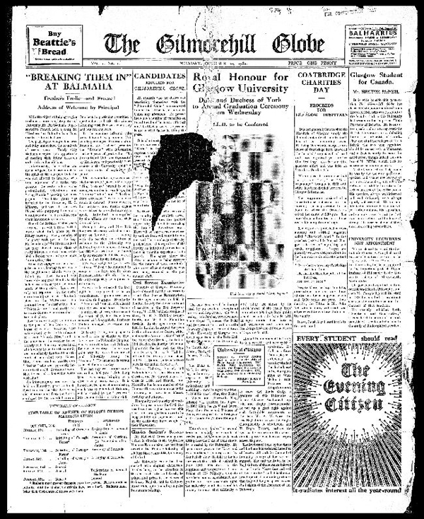 Front page of the first 'Glasgow University Guardian', then called 'The Gilmorehill Globe', dating from 10 October 1932