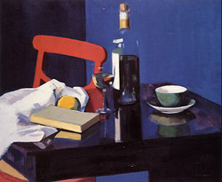 Painting of a red chair, table, wine bottle and cup 