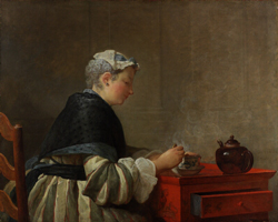 Portrait of a lady with a tea cup and tea pot