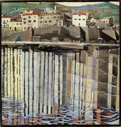 Painting of harbour scene with houses reflecting in the water