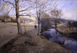 Painting of a winter landscape with trees and a river