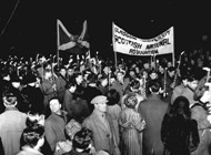 Fifth centenary night procession, students with banners,permission of Glasgow University Archive Services