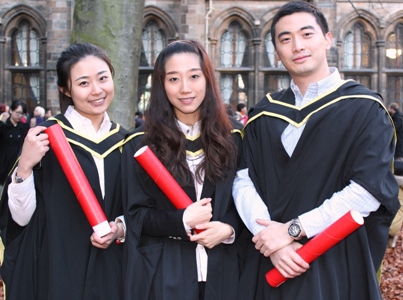 Left to right: Yijiao Cong from Jiang Su, Xiao Wu from An Hui and SuYang Chen from Beijing graduating from the Adam Smith Business School on 28/11/2012.