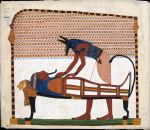 Tomb painting: from the tomb of the Theban official Sennedjen, showing the embalment by Anubis 