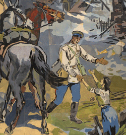 A TASS (Central Agency of the Soviet Union) Group image from a WWII poster depicting the Russian homeland, ravaged by war but being rescued by strong cavalrymen.