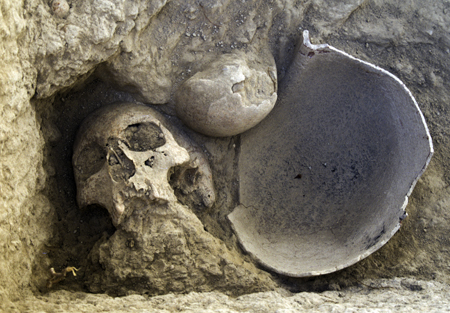Skull and cooking pot in situ in cist grave B15