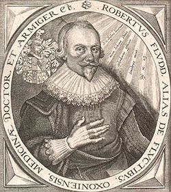 printed portrait of Robert Fludd - a man in 17th century dress: He has a pointed beard and moustache and a downward sloping neck ruff collar.  His right hand is held up on front