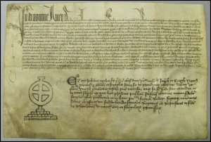 Instrument of sasine of a tenement of land containing two roods and pertinents in the Drygate disponed by Sir Malcom Durance rector of Kirkgunich to David de Letherick burgess of Glasgow and his wife Geills for an annual rent, 30 August 1474 (GUAS Ref: BL 121).