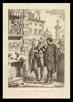 a monochrme print of a outdoor scene.  There are 3 men in the foreground: one kneels, facing an ornate alter-like structure, his hands clasped in prayer.  Behind him, and in the centre of the image, two musicians stand playing their instruments. In plays a straight pipe like and oboe, the other has a large bag-pipe (the bag under his right shoulder and the 2 pipes pointing down