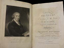 photograph of an opened book, showing the book details on the right hand page. Most legible is the name F Rauzzinni.  A portrait of Rauzzini fills the left hand page