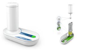 ModeDx, Left, measure® BOWEL HEALTH is a hand-held biosensor for measuring faecal occult blood; Right, schematic showing an exploded view of the faecal sampling interface to the biosensor device.