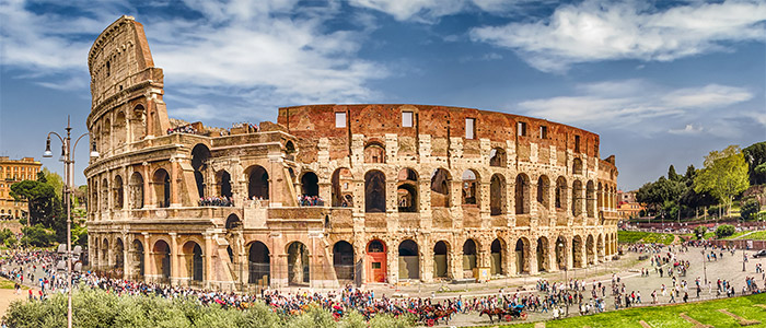 Panoramic aerial view of the Colosseum and Arch of Constantine, Rome, Italy