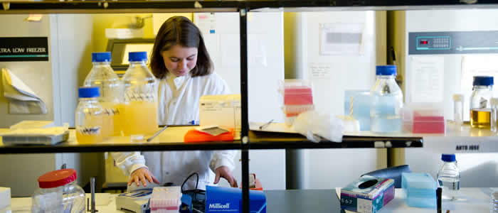 horizontal banner showing person in labcoat through lab shelves