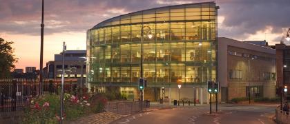 Exterior of the Wolfson Medical School building - night