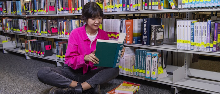 A student studying language books in the library