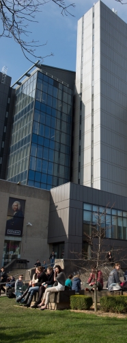 Students sitting outside University Library