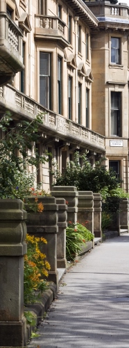 Close-up of University Gardens buildings