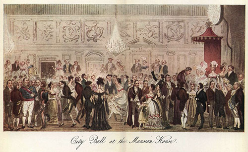 City Ball at the Mansion House, IR Cruickshank - a print in colour of a high society victorian ball. People in finery dance and talk in groups in a large ornate room. a chandelier hangs above the dancers at the centre