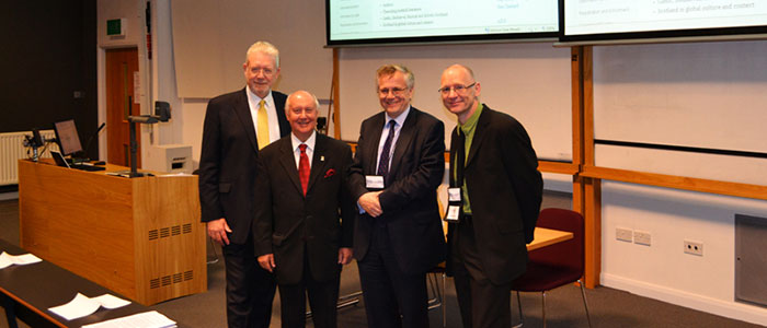Michael Russell MSP, Sir Kenneth Calman, Professor Murray Pittock, James Robertson at the opening of the World Congress of Scottish Literatures.
