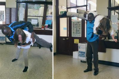 Dr Heather Ferguson; practicing some Judo throws with the Tanzanian Judo Coach Mr. Zaidi Khamisi