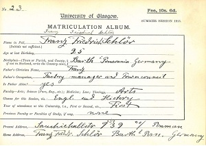 Franz Schlor matriculation card